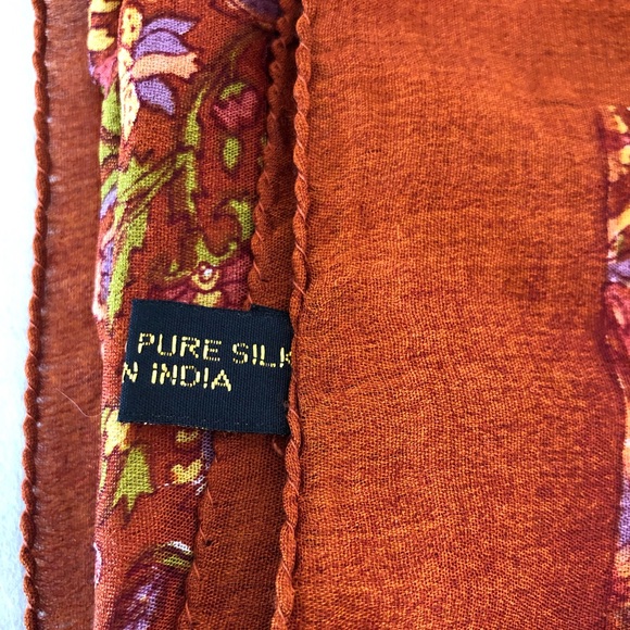 Handloom Pure Silk Scarf India Vibrant Rich Burnt Orange Terracotta  43”x43” - Picture 8 of 16